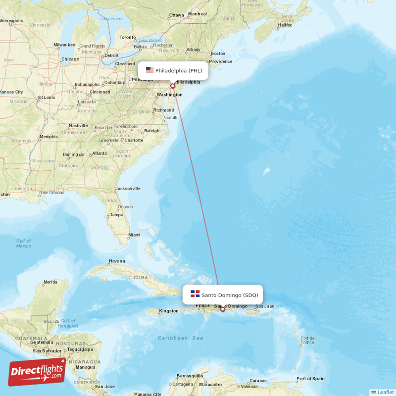 Philadelphia - Santo Domingo direct flight map