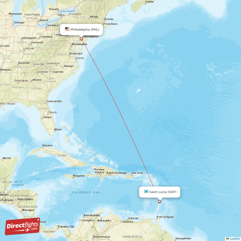 Philadelphia - Saint Lucia direct flight map