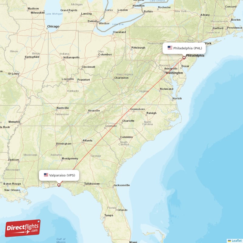 Philadelphia - Fort Walton Beach direct flight map