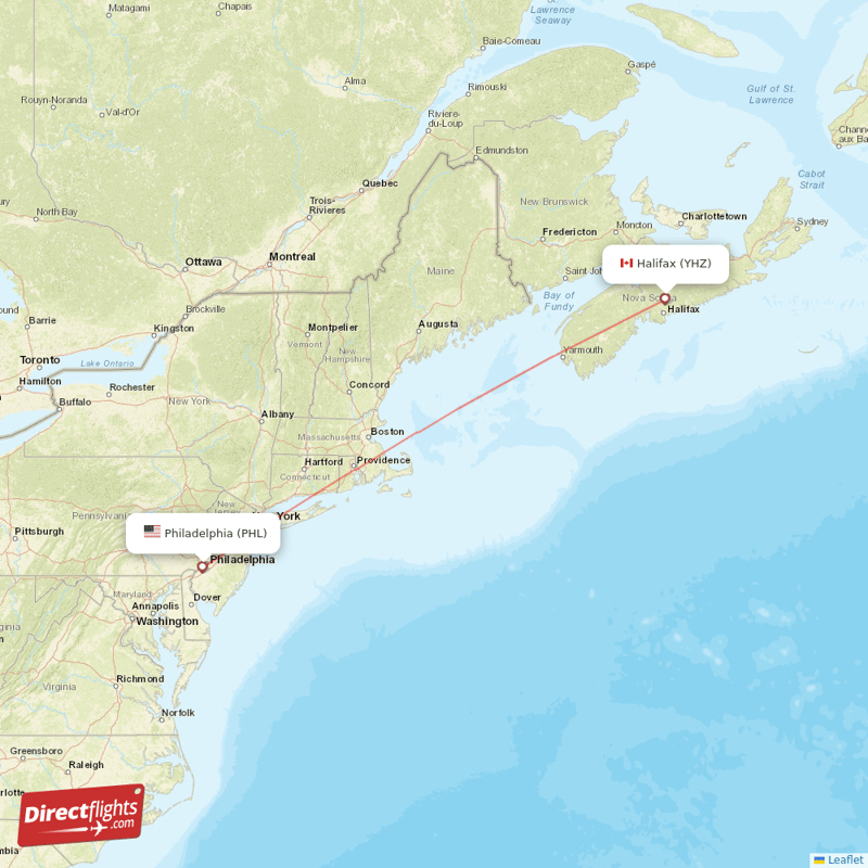 Philadelphia - Halifax direct flight map