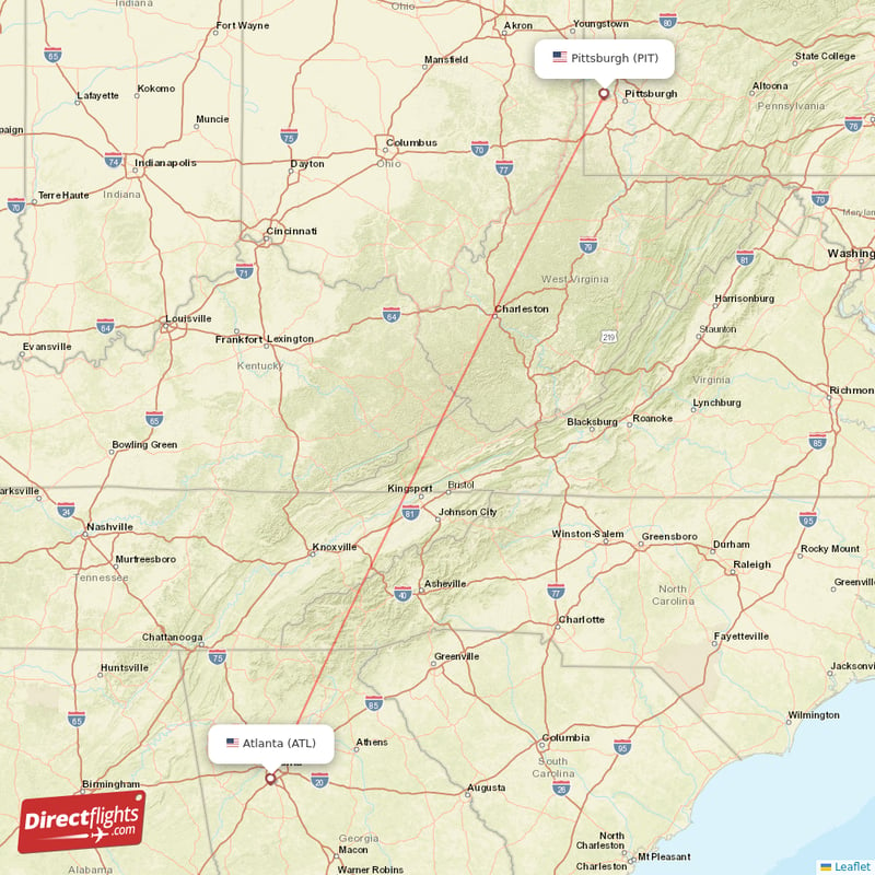 Pittsburgh - Atlanta direct flight map