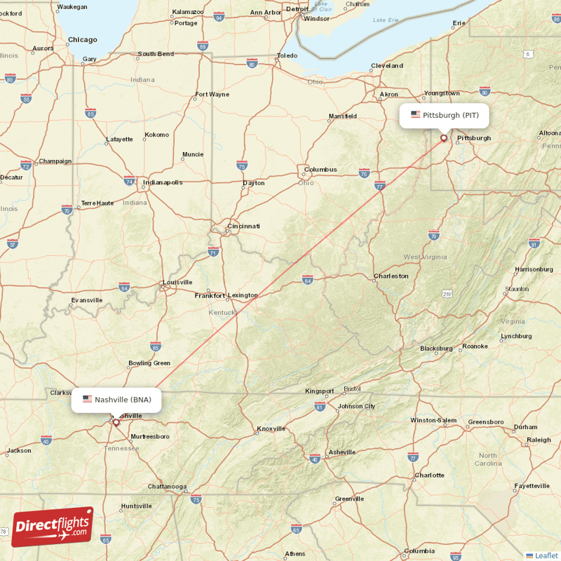Pittsburgh - Nashville direct flight map