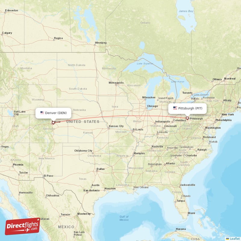 Pittsburgh - Denver direct flight map