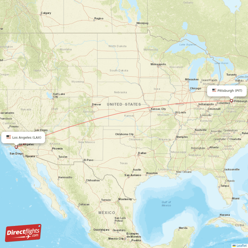 Pittsburgh - Los Angeles direct flight map
