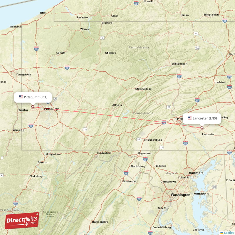 Pittsburgh - Lancaster direct flight map