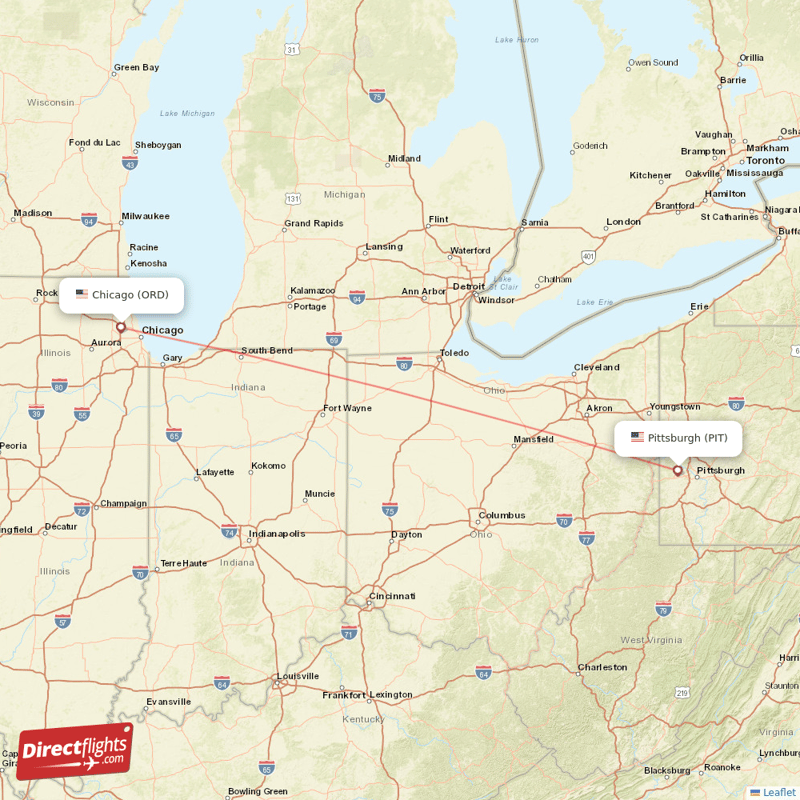 Pittsburgh - Chicago direct flight map