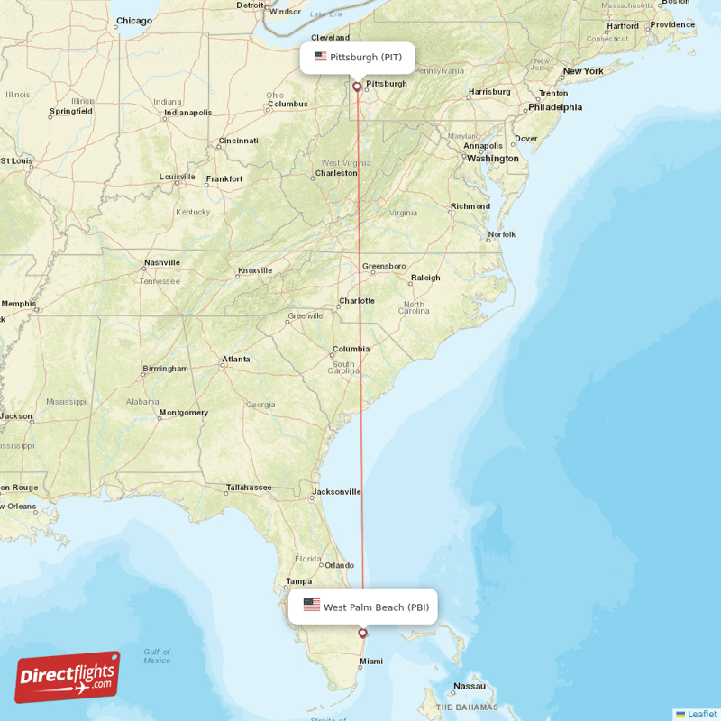 Pittsburgh - West Palm Beach direct flight map