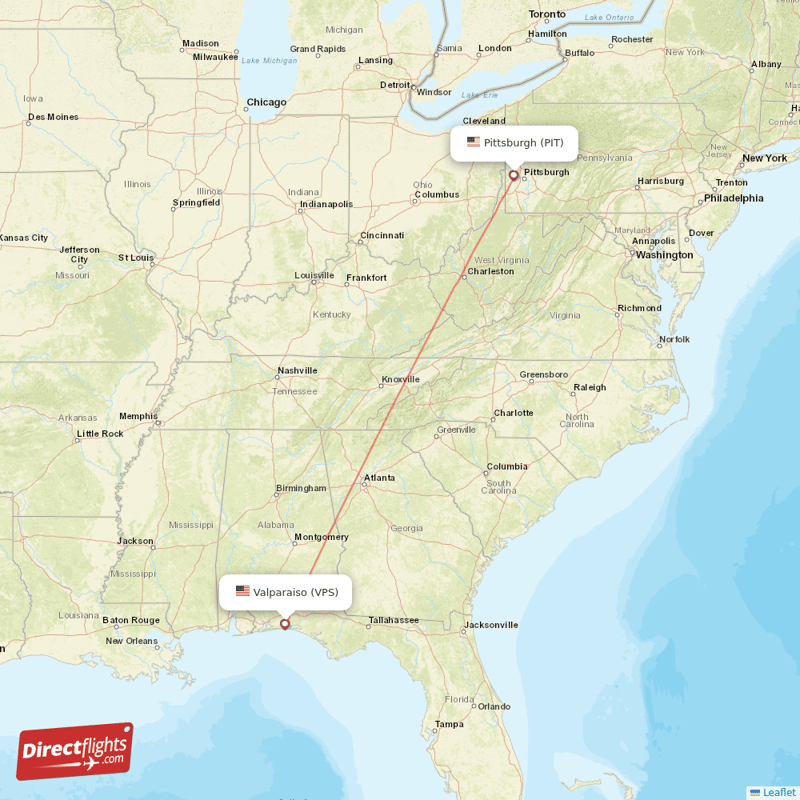 Pittsburgh - Fort Walton Beach direct flight map