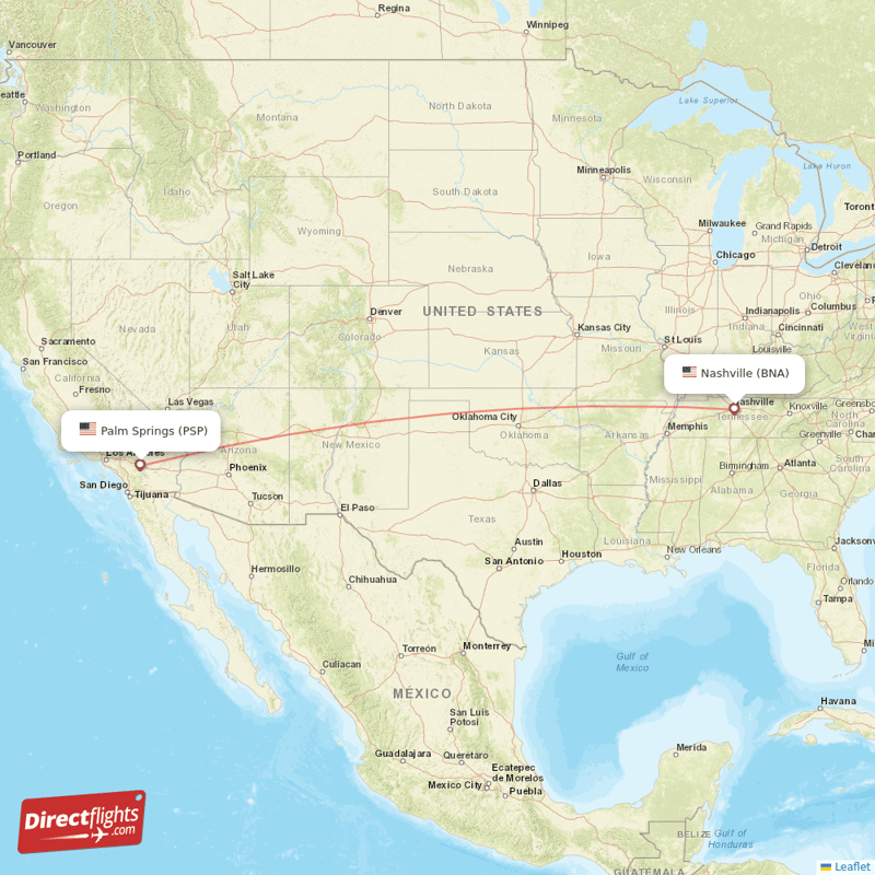 Palm Springs - Nashville direct flight map