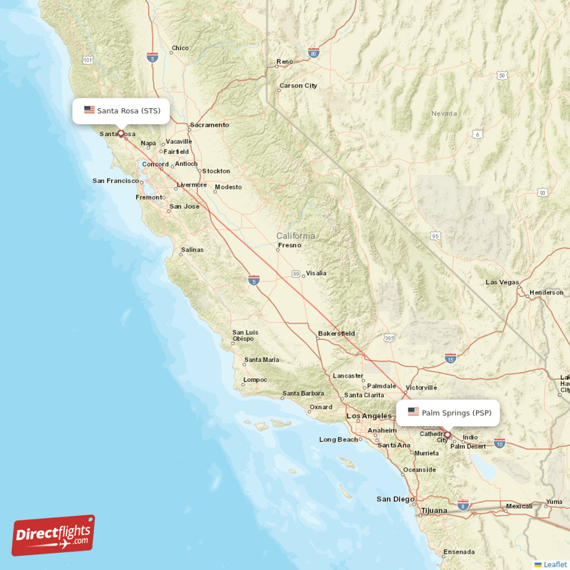 Palm Springs - Santa Rosa direct flight map