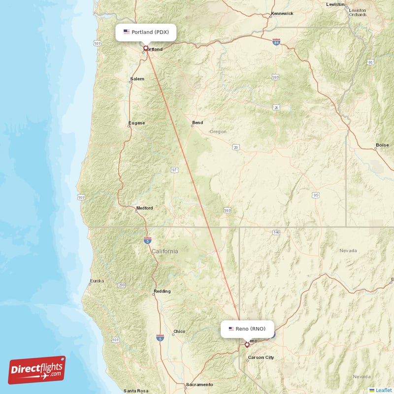Portland - Reno direct flight map