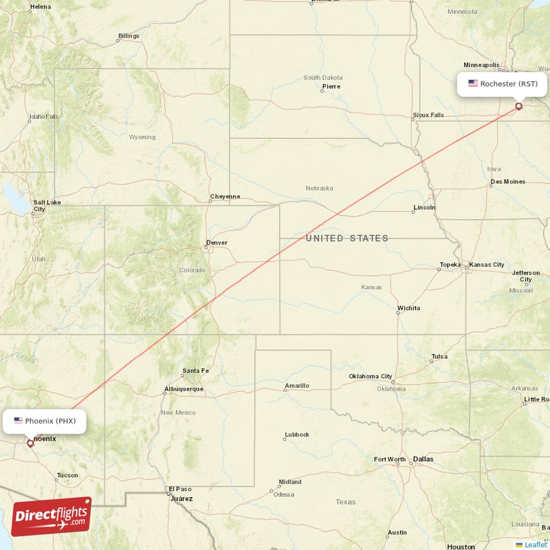 Rochester - Phoenix direct flight map