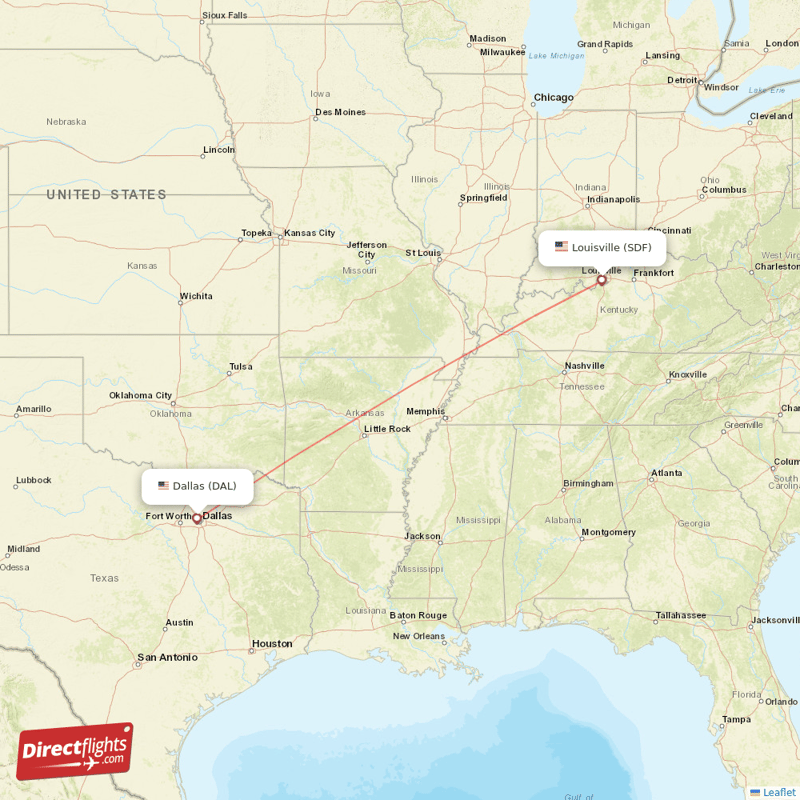 Louisville - Dallas direct flight map