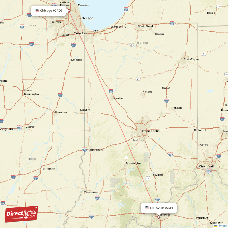 Louisville - Chicago direct flight map