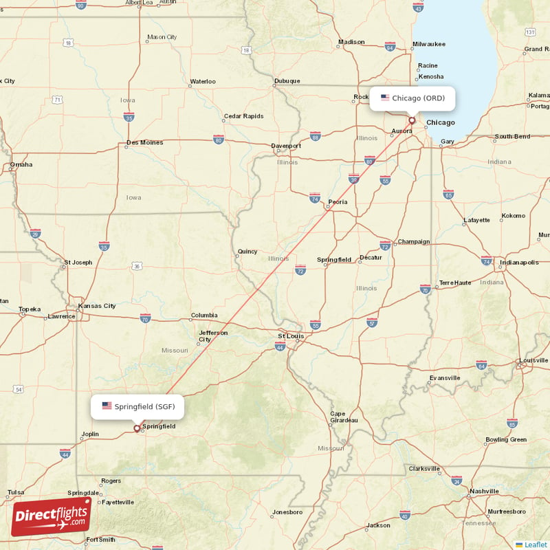 Springfield - Chicago direct flight map