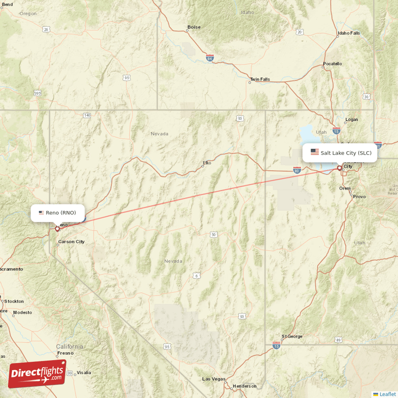 Reno - Salt Lake City direct flight map
