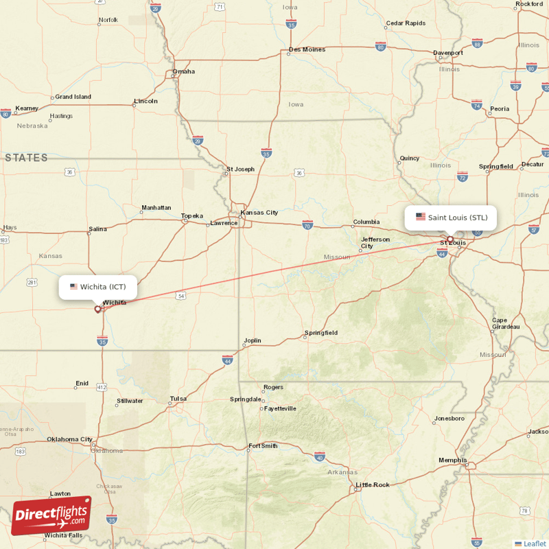 Saint Louis - Wichita direct flight map
