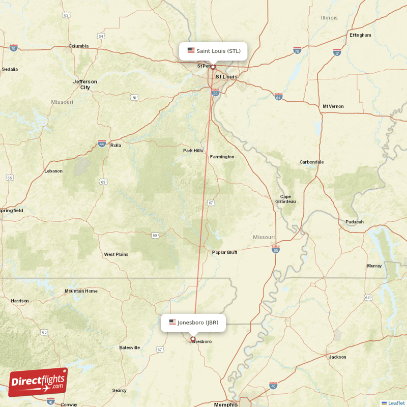 Saint Louis - Jonesboro direct flight map