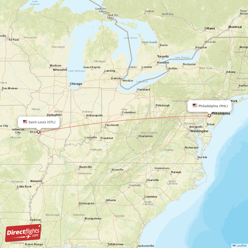 Saint Louis - Philadelphia direct flight map
