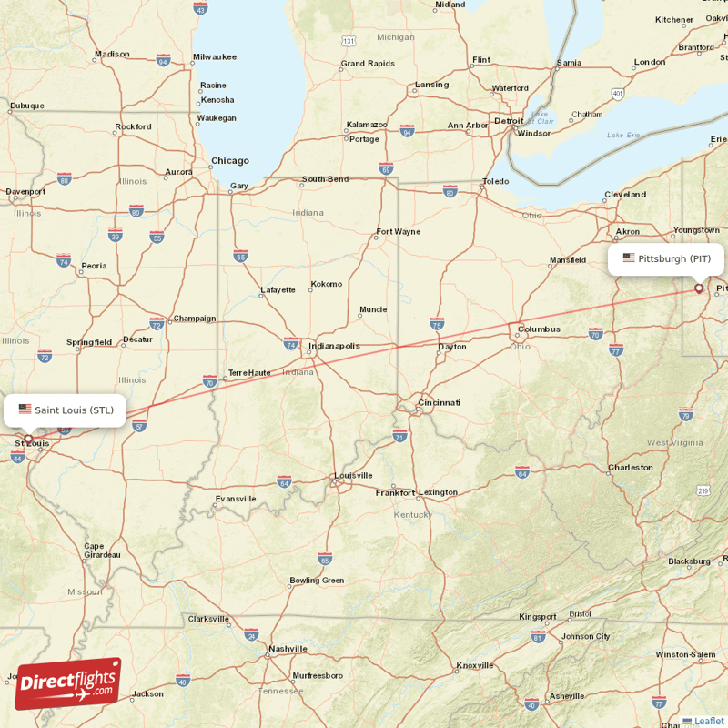 Saint Louis - Pittsburgh direct flight map