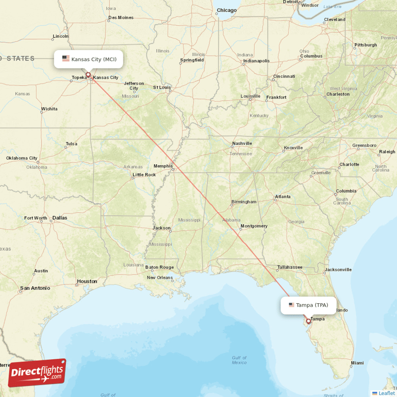 Kansas City - Tampa direct flight map