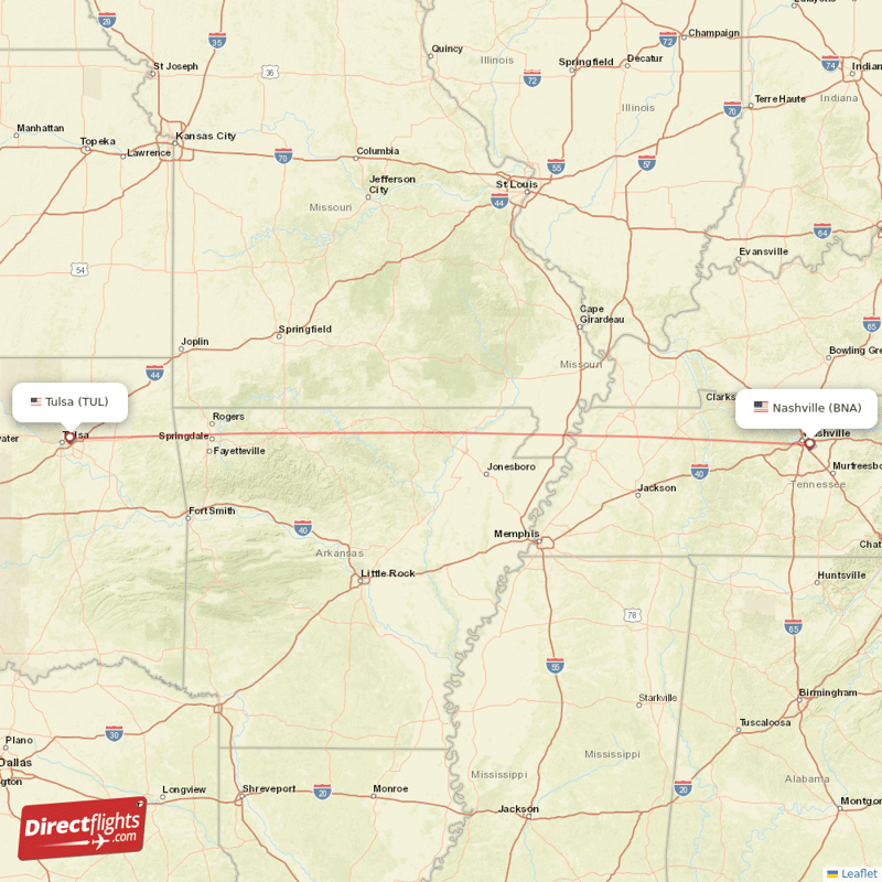 Tulsa - Nashville direct flight map