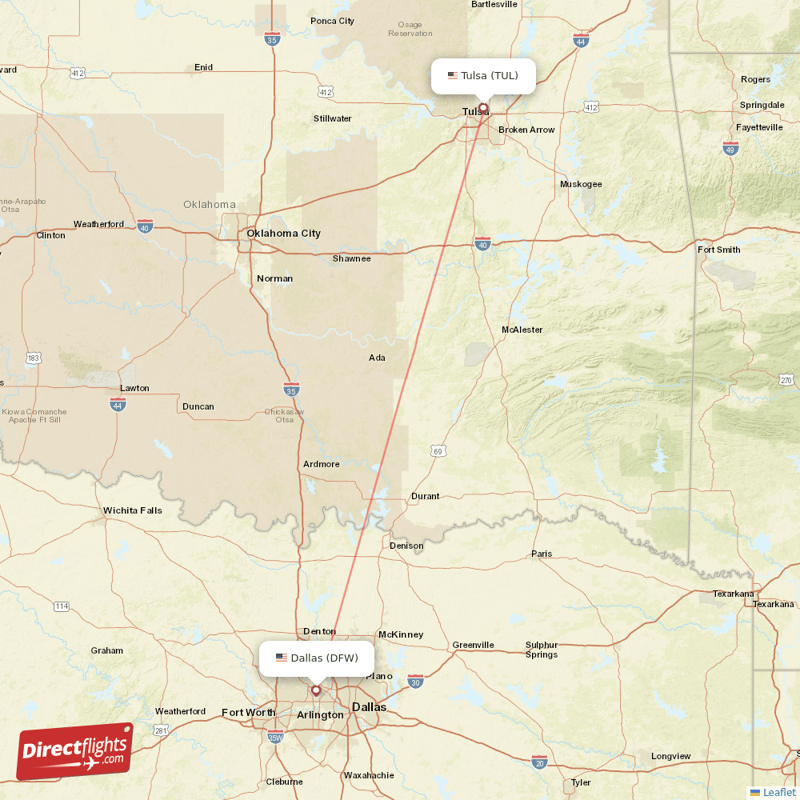 Tulsa - Dallas direct flight map