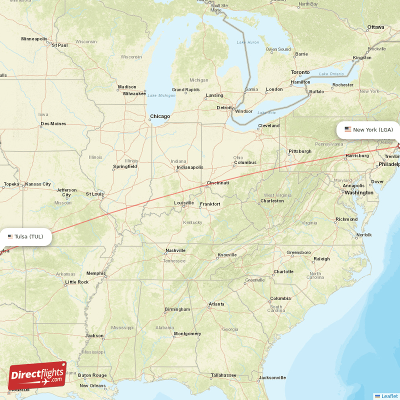 Tulsa - New York direct flight map
