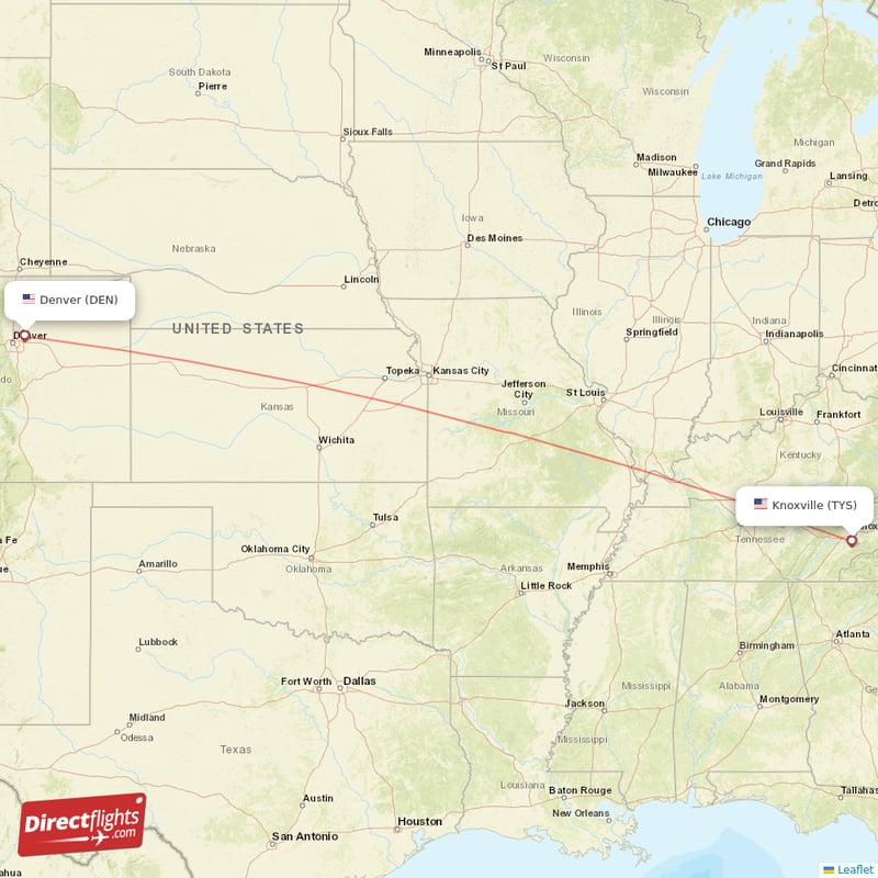 Knoxville - Denver direct flight map