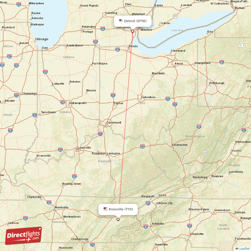 Knoxville - Detroit direct flight map
