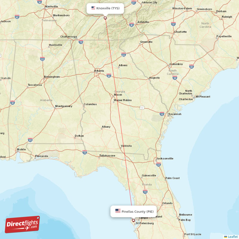 Knoxville - Saint Petersburg direct flight map