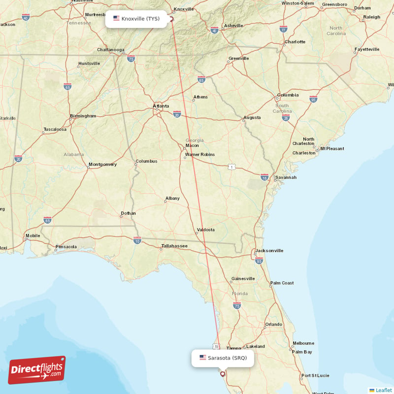 Knoxville - Sarasota direct flight map