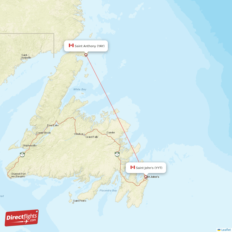 Saint Anthony - St. John's direct flight map