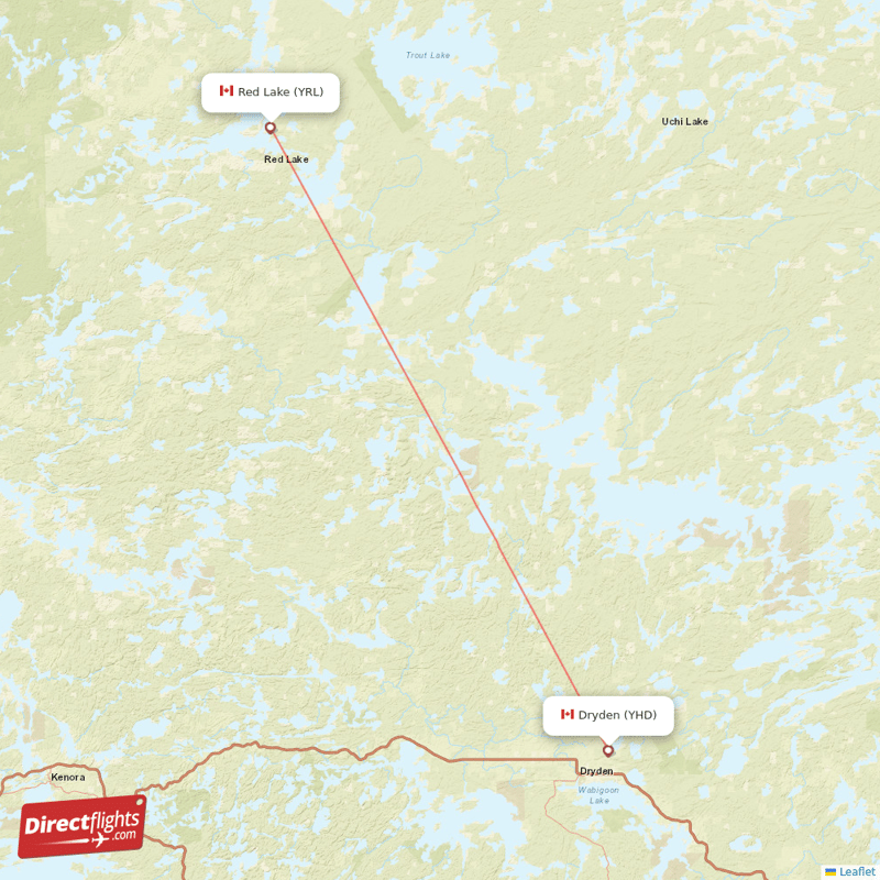 Red Lake - Dryden direct flight map