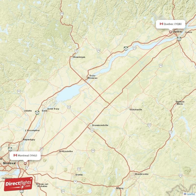 Montreal - Quebec direct flight map
