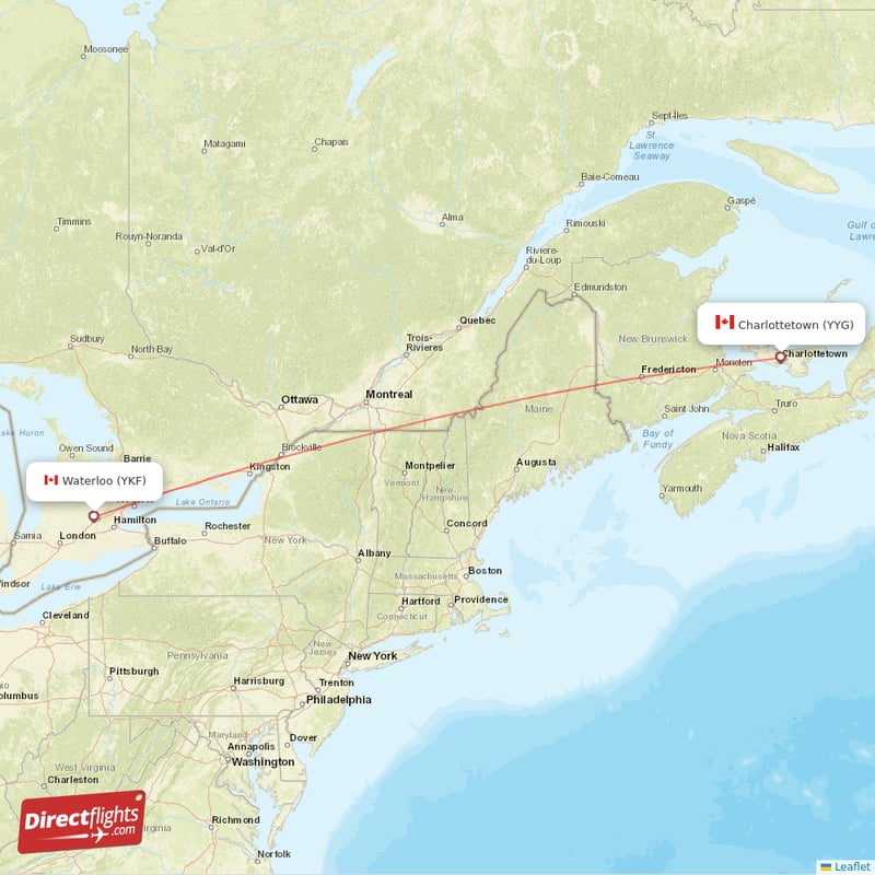 Kitchener - Charlottetown direct flight map