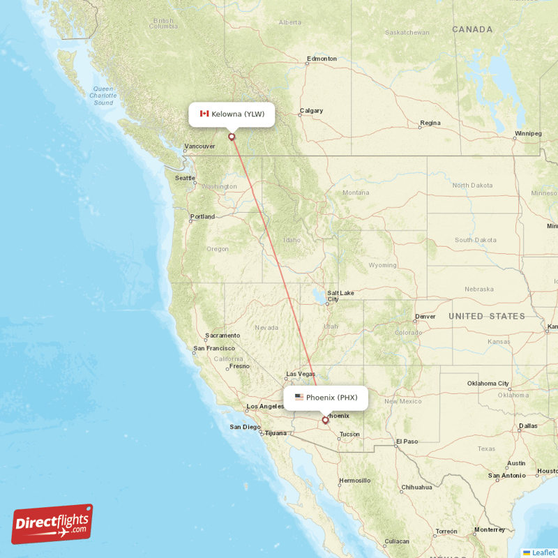 Kelowna - Phoenix direct flight map