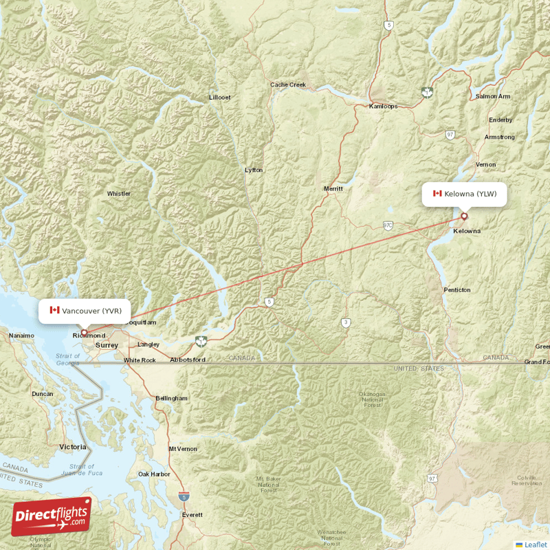 Kelowna - Vancouver direct flight map