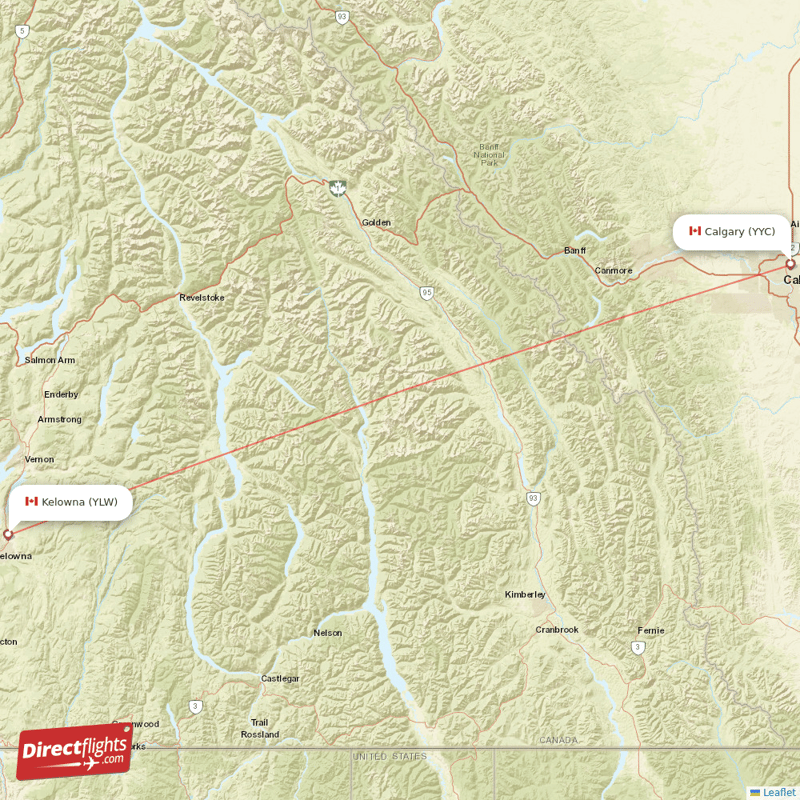 Kelowna - Calgary direct flight map
