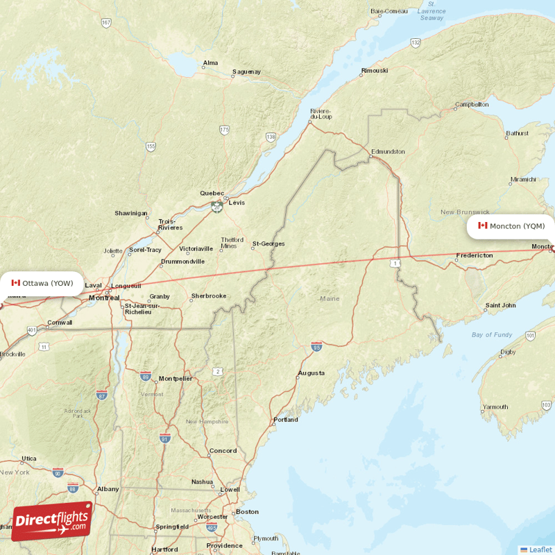 Ottawa - Moncton direct flight map