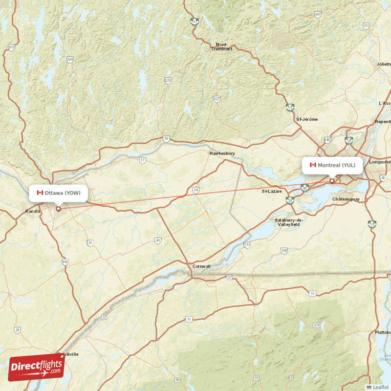 Ottawa - Montreal direct flight map