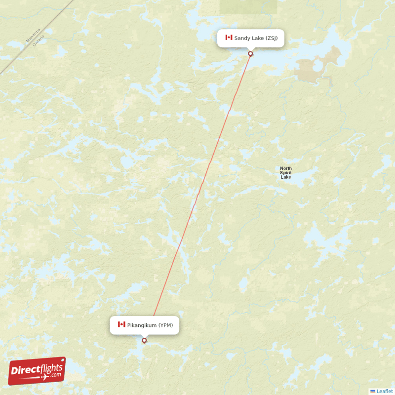 Sandy Lake - Pikangikum direct flight map