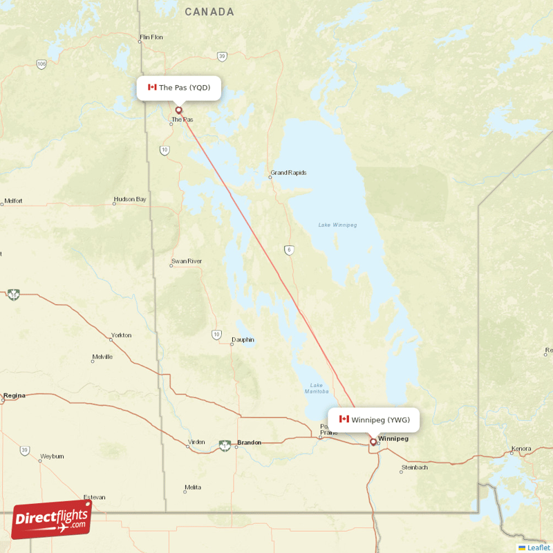 The Pas - Winnipeg direct flight map
