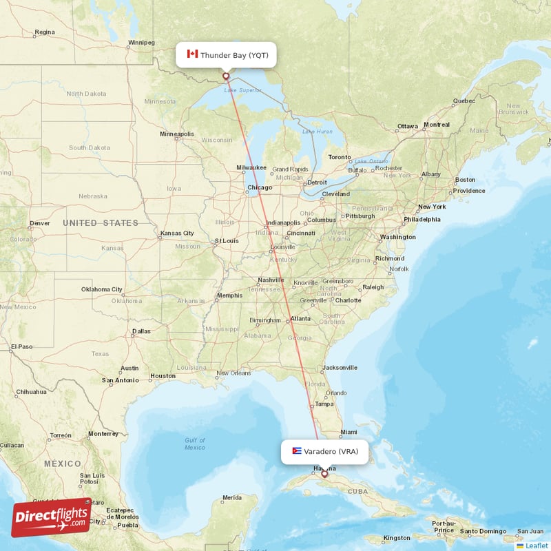 Thunder Bay - Varadero direct flight map