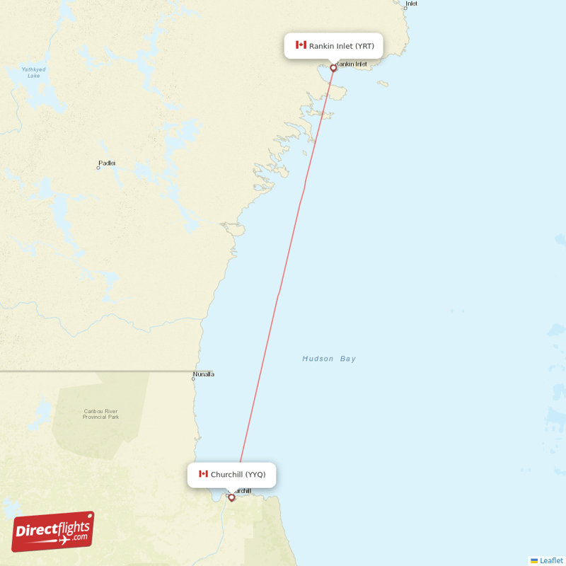 Rankin Inlet - Churchill direct flight map