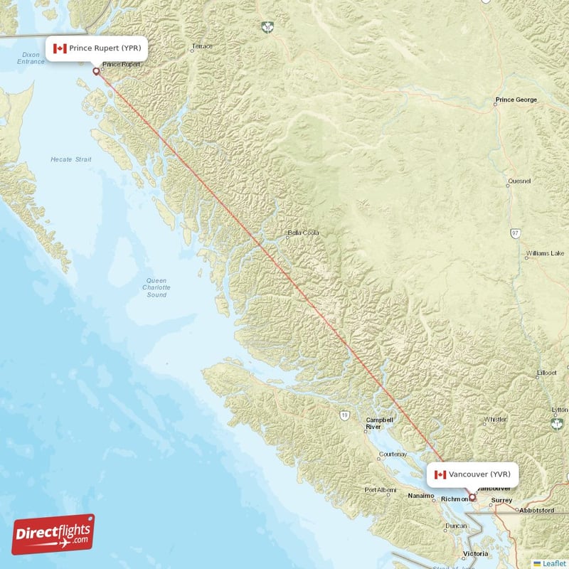Direct flights from Vancouver to Prince Rupert, YVR to YPR nonstop