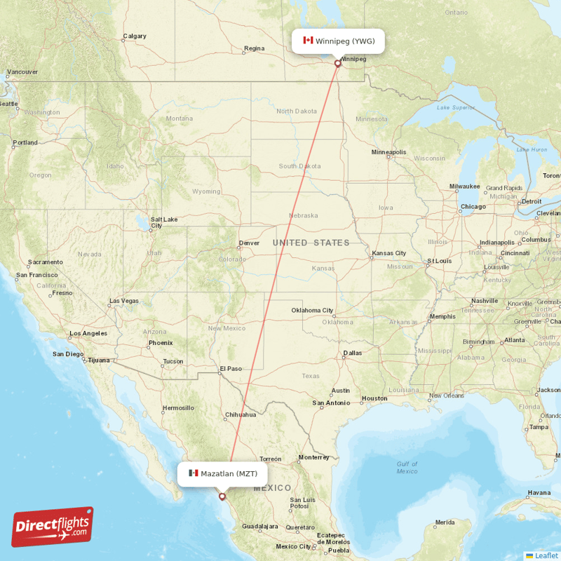 Winnipeg - Mazatlan direct flight map