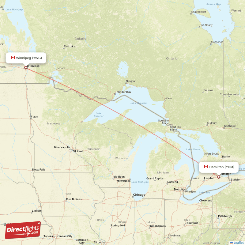 Winnipeg - Hamilton direct flight map