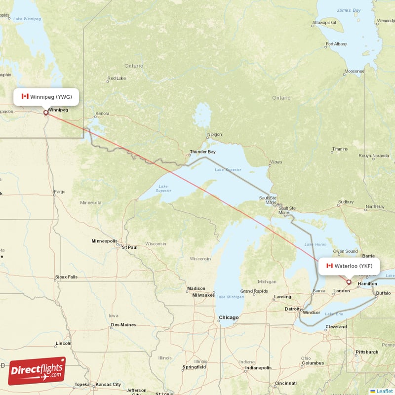 Kitchener - Winnipeg direct flight map