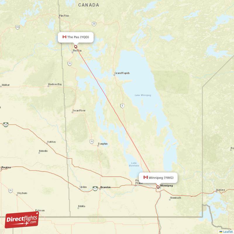 Winnipeg - The Pas direct flight map